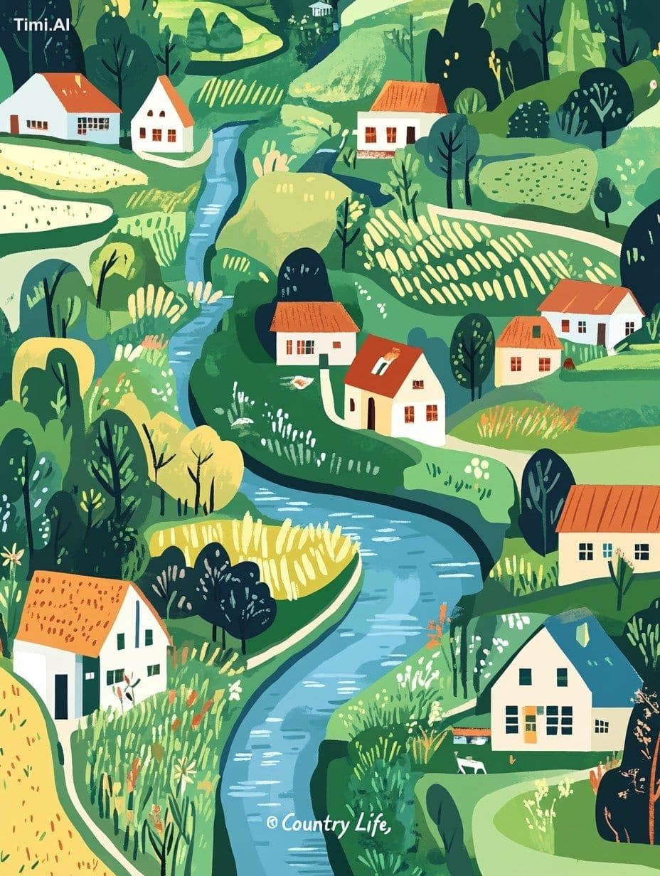The poster features an illustration of the countryside, with
