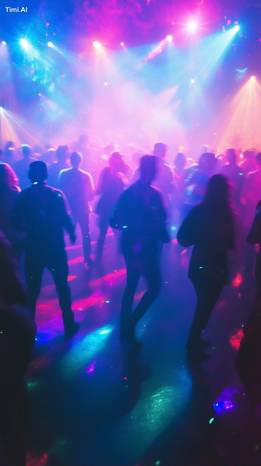 Close-up of a vibrant 90s dance party, crowded dance floor f