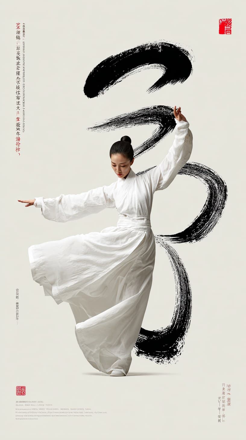 A female dancer dressed in white Hanfu is performing, with b