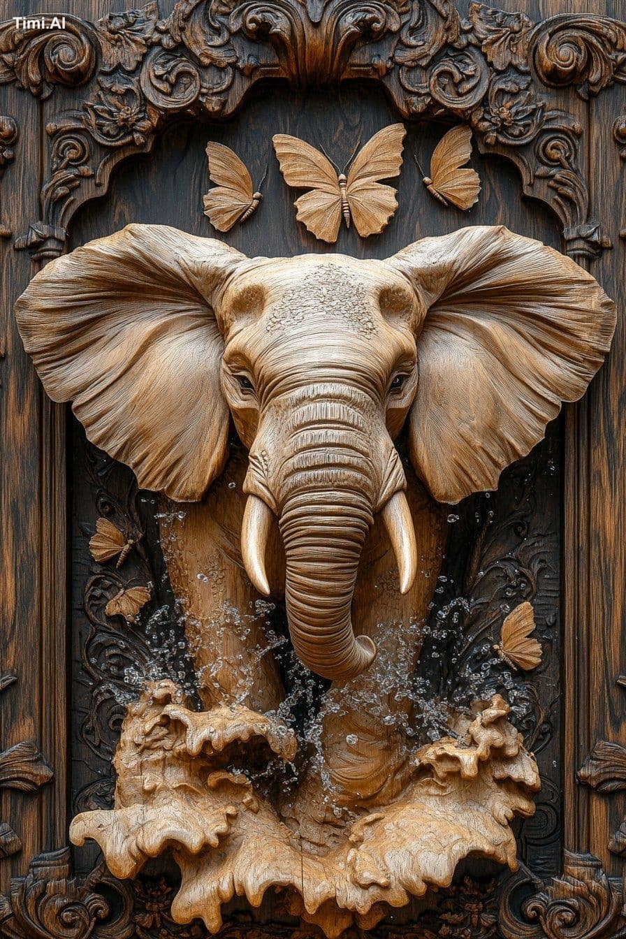 3D wood carving of an elephant with water splashing around i