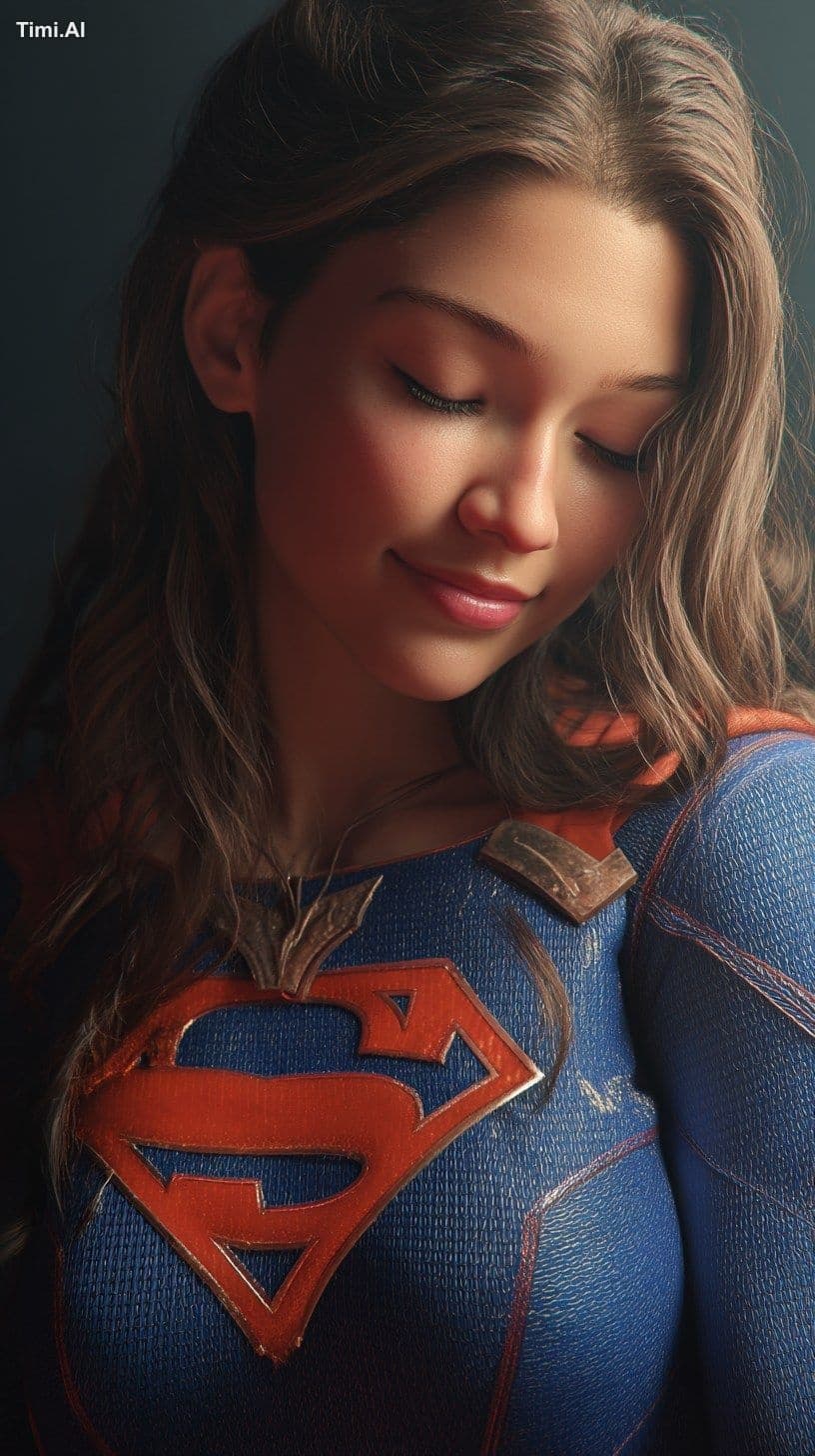 Portrait of a beautiful female superhero in a blue suit with