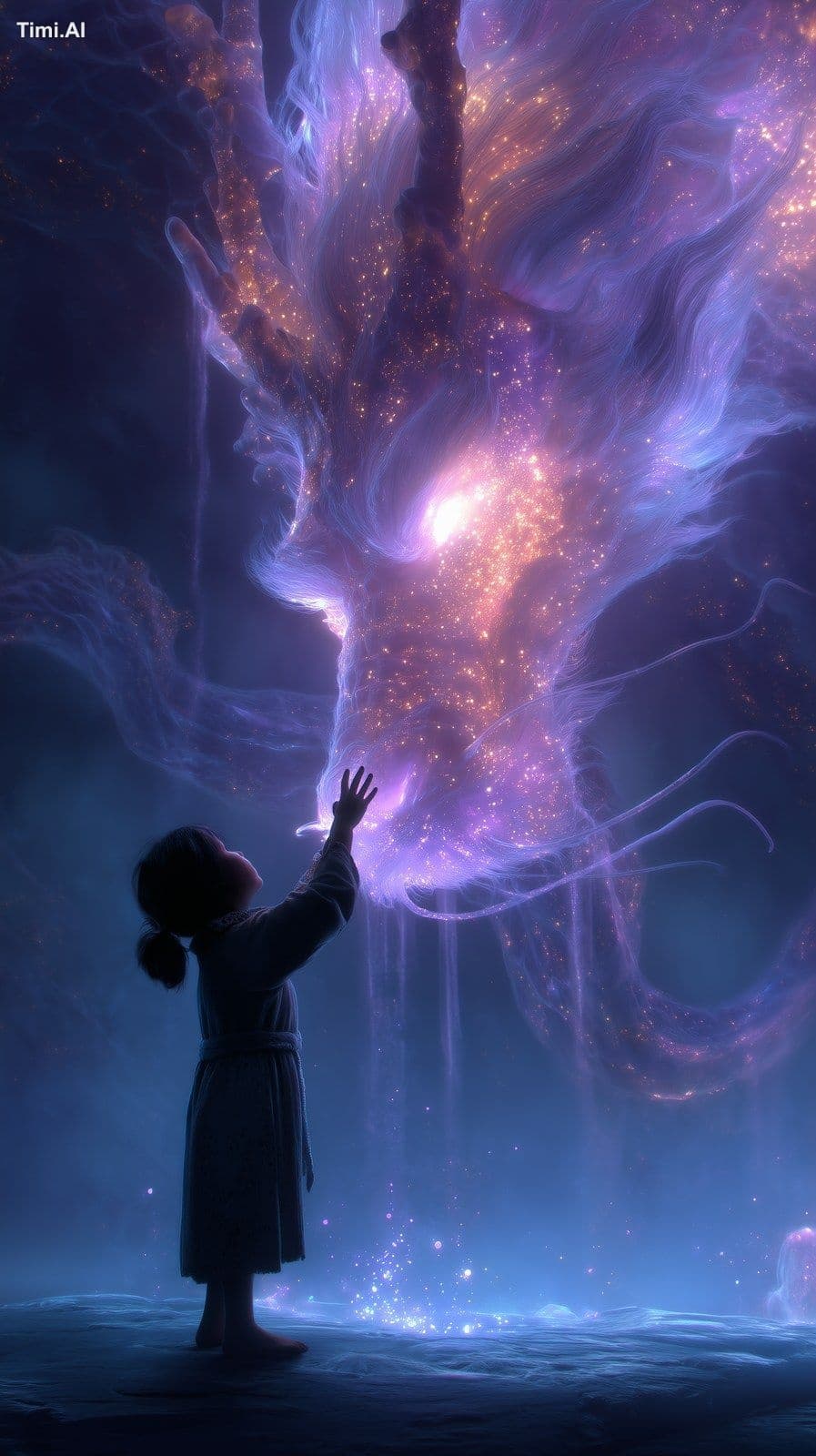 In a fantasy world with floating luminous islands and waterf