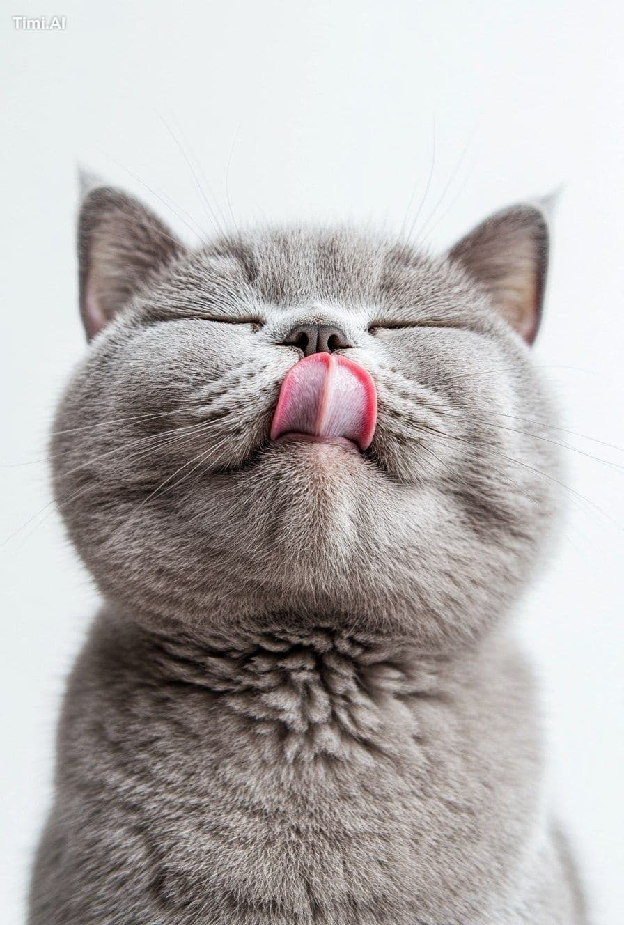 A photograph of an overweight British shorthair with its ton