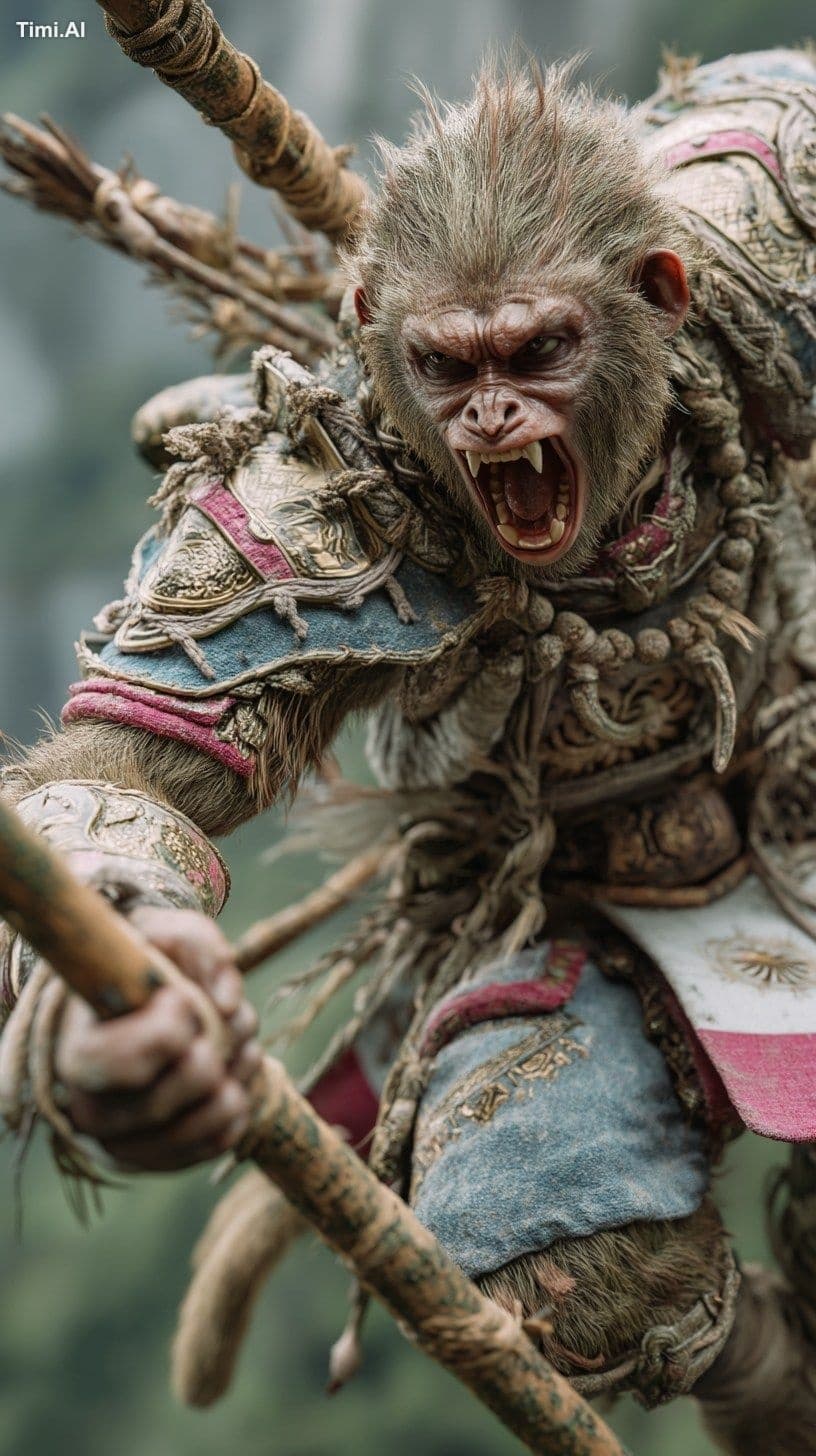Create a lifelike brown-howler-monkey humanoid warrior, mass