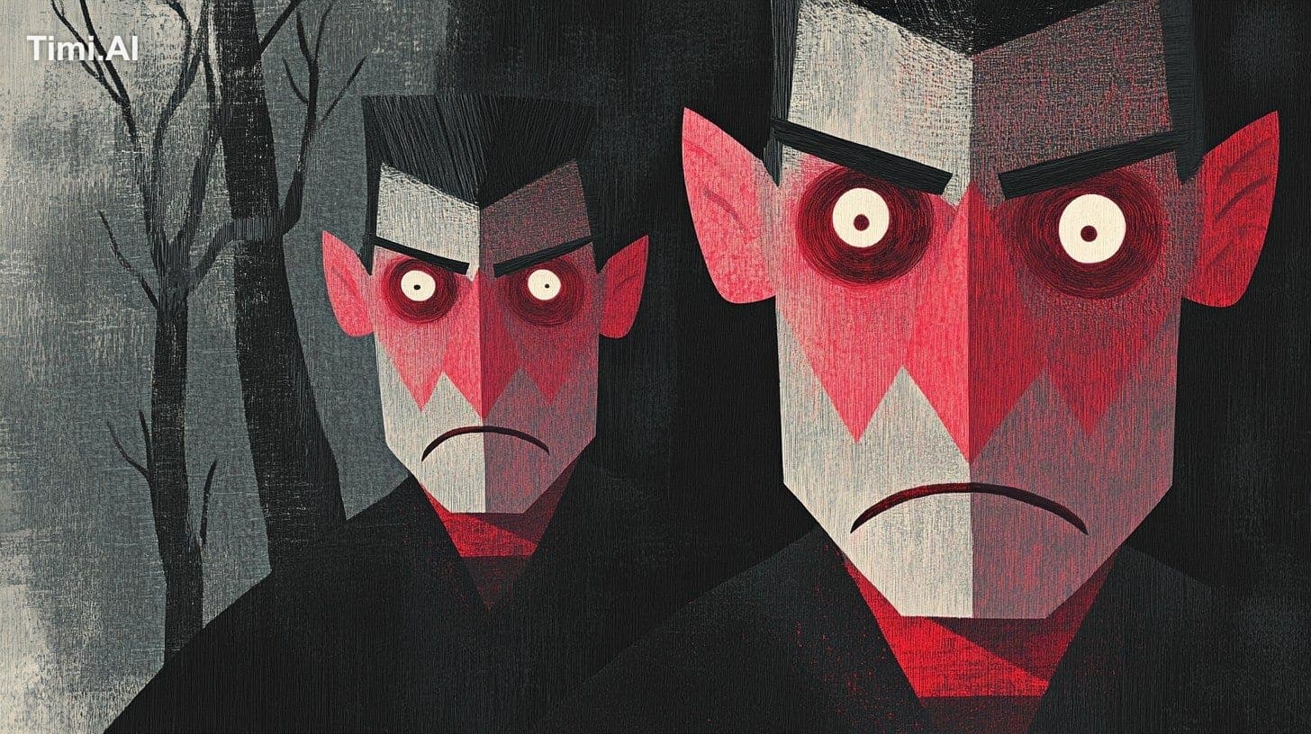 Illustration, close-up of greedy, evil-looking adults' heads