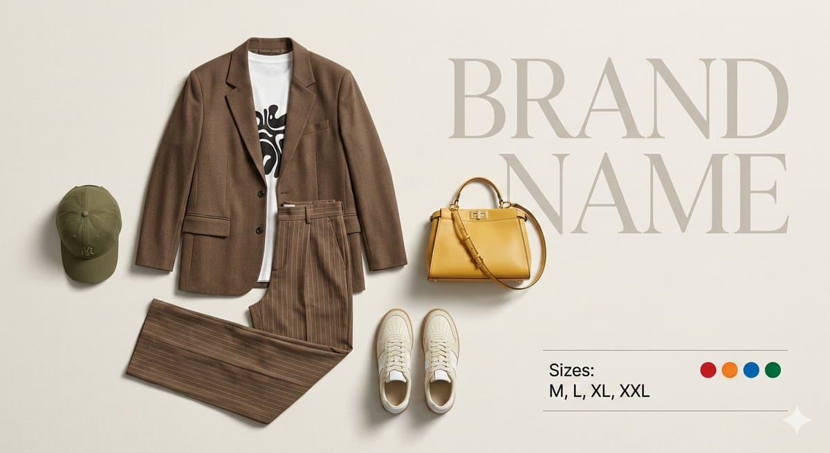 Create a premium fashion catalog flat lay on a clean soft be