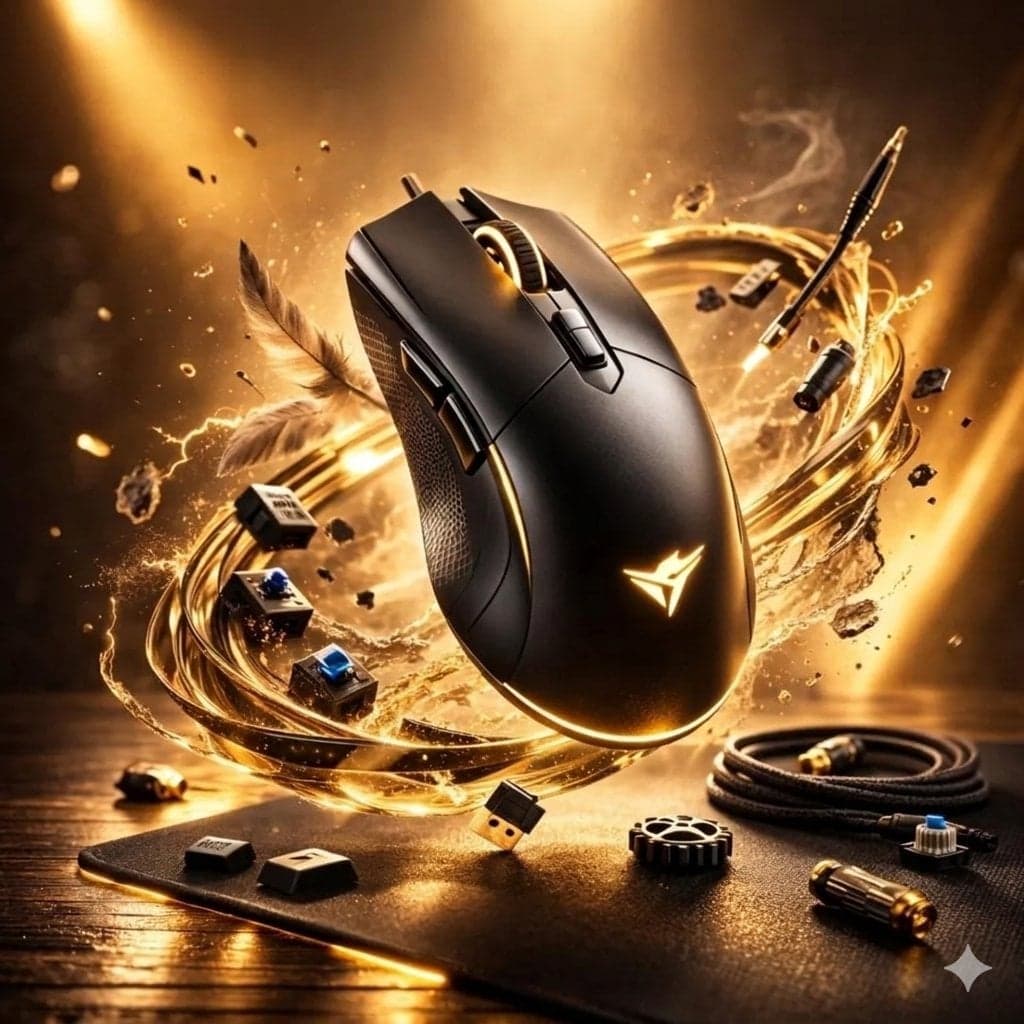 Ultra-realistic gaming mouse floating above a desk, surround