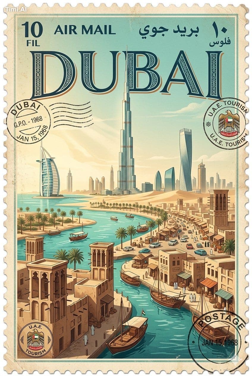 Create a vintage travel postage stamp poster featuring [CITY