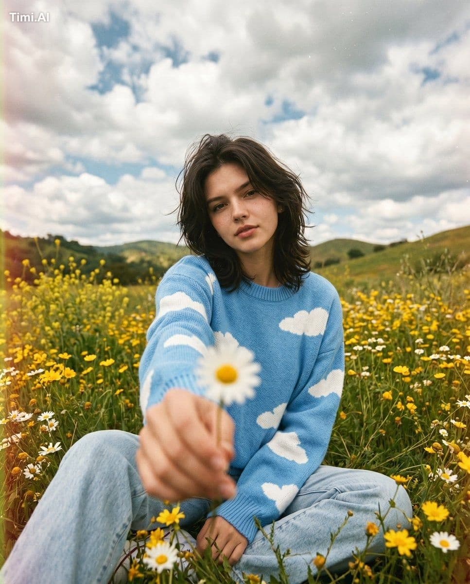 cinematic, wide-angle portrait of her sitting in a wildflowe
