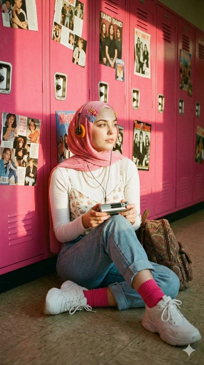 A cinematic, nostalgic portrait of a young hijab woman (use