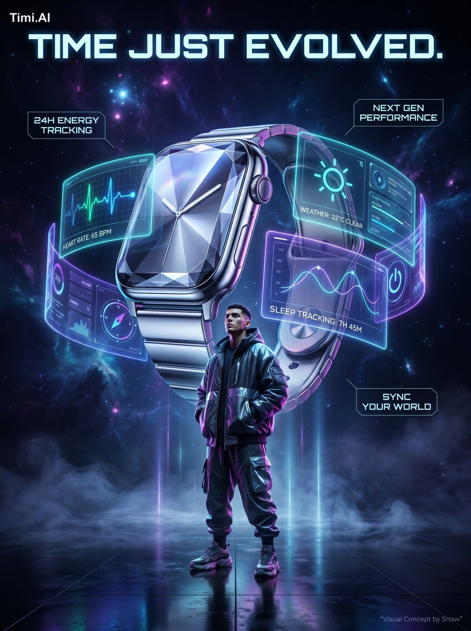Futuristic infographic-style commercial artwork featuring a