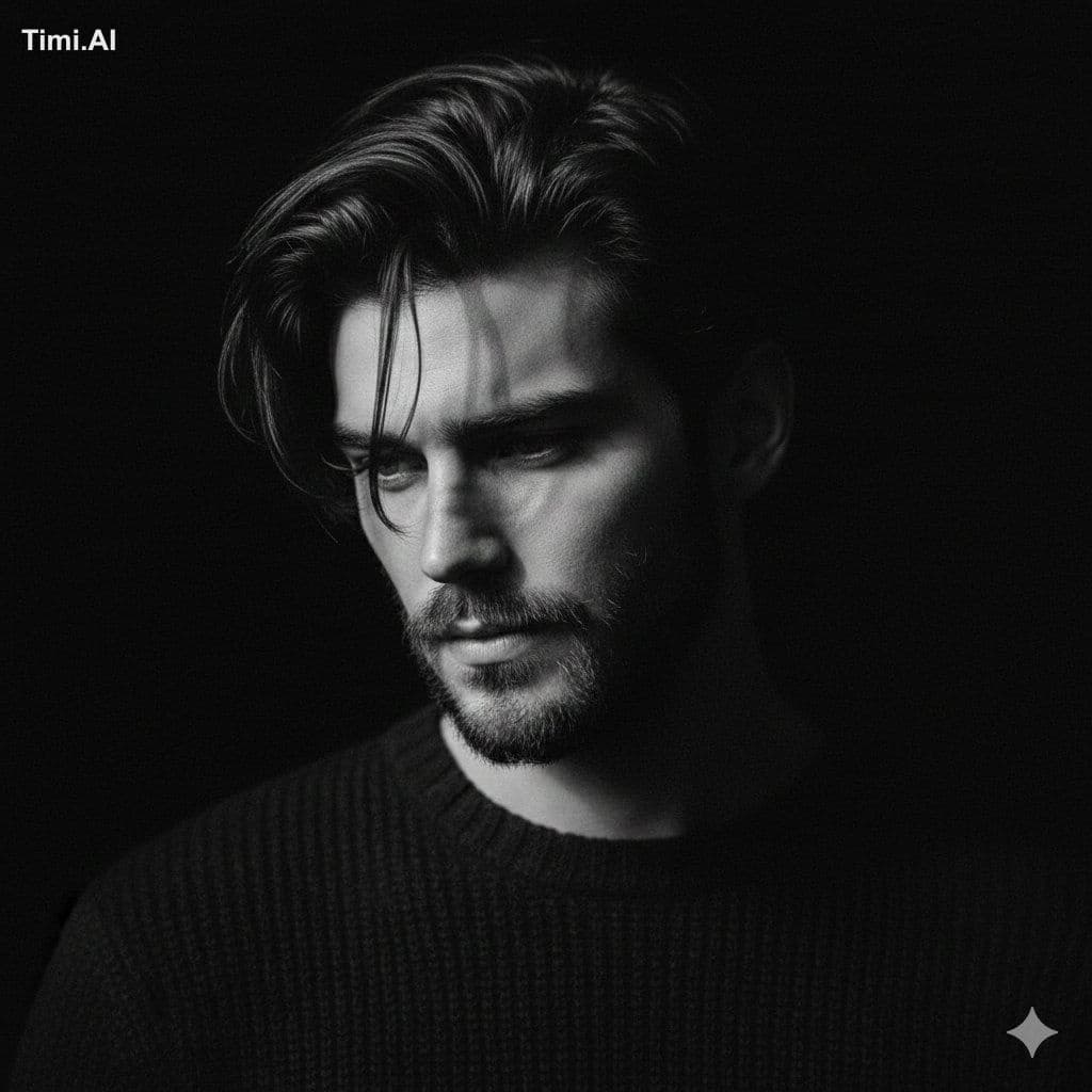 A cinematic black-and-white fine art portrait of a handsome