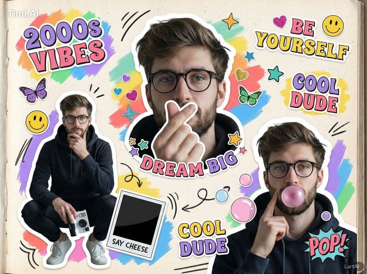 A vibrant 2000s scrapbook-style collage featuring the same y
