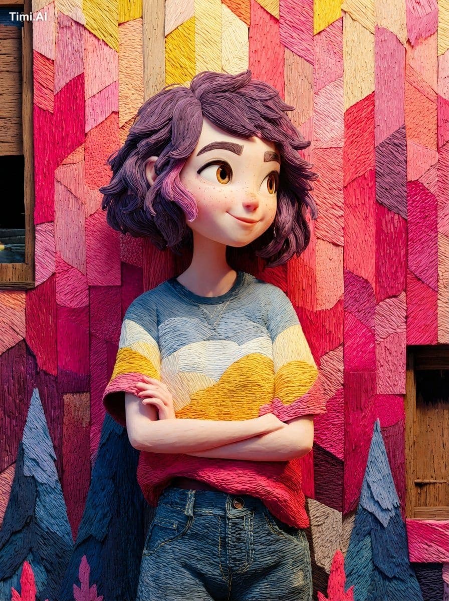 1. A stylized 3D animated girl with short wavy purple hair a