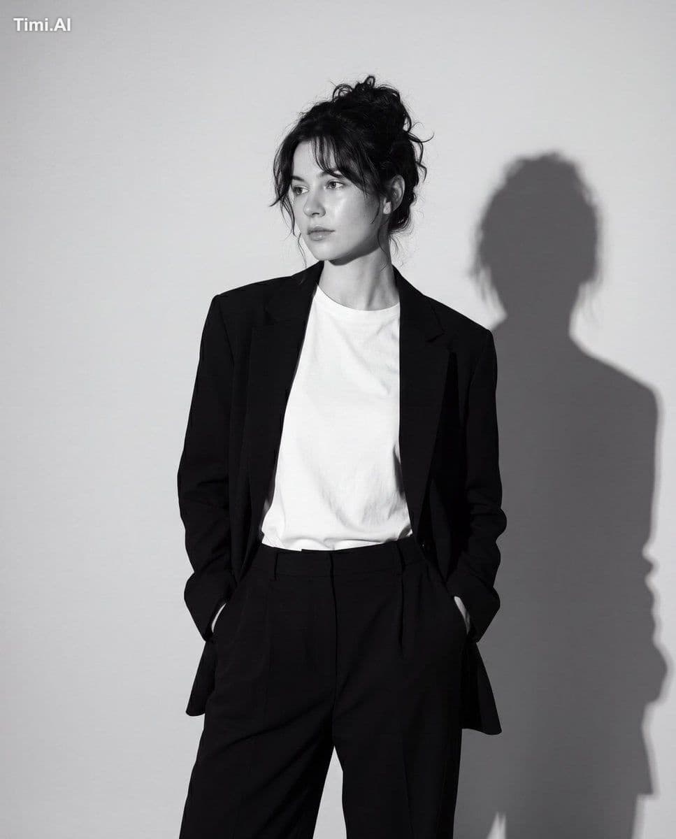 A fine art black-and-white editorial portrait of a stylish y