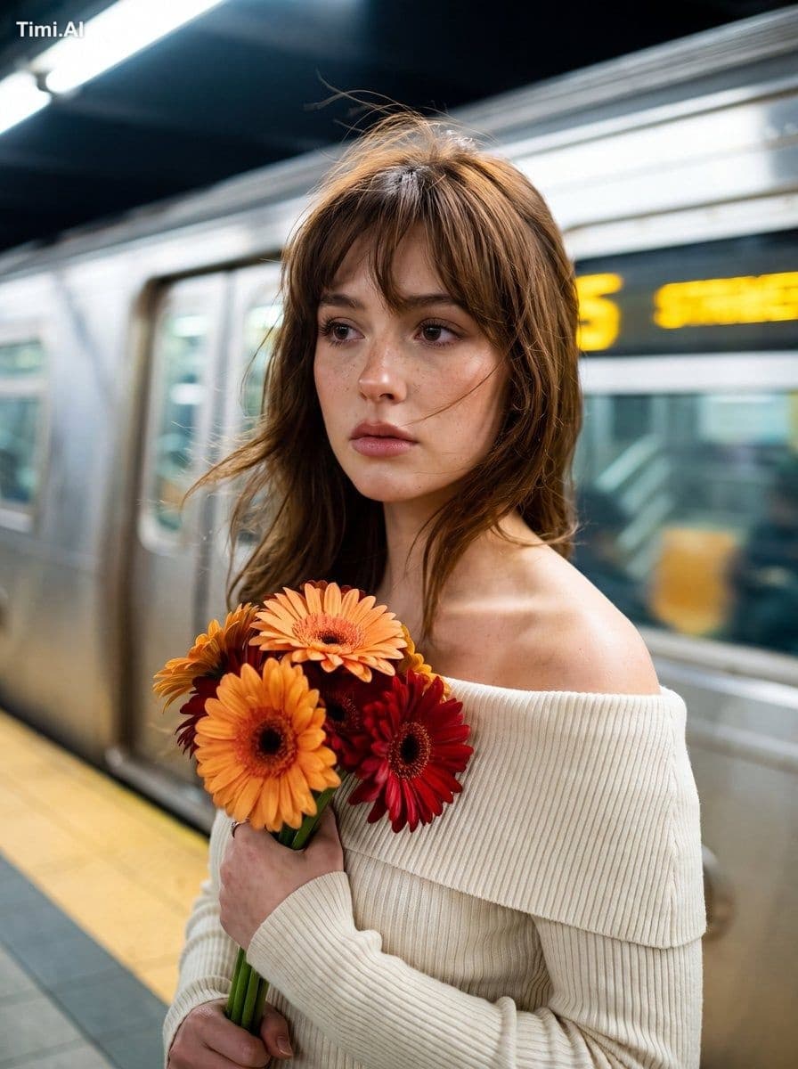 A cinematic, high-fidelity portrait of a young woman standin