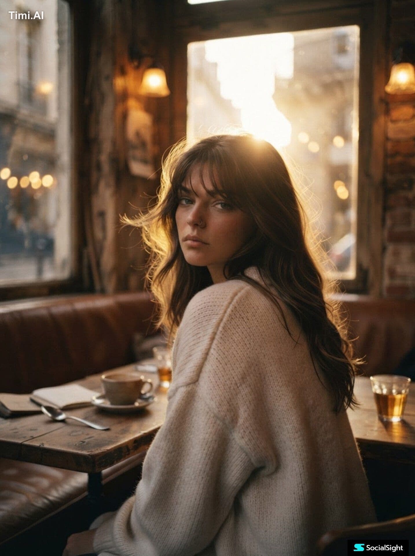 A cinematic portrait of a young woman sitting in a cozy café
