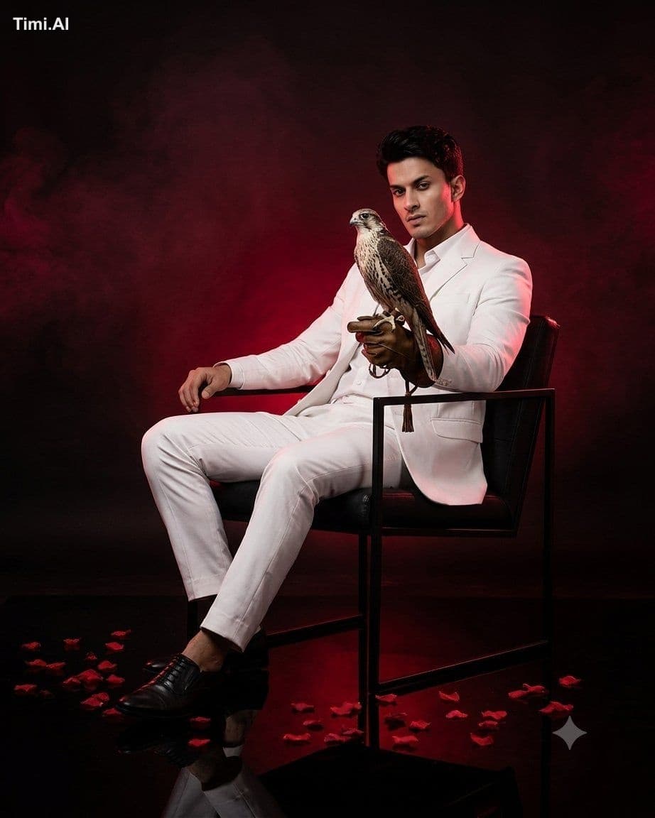 :
Create from a confident man in an all-white suit, sitting