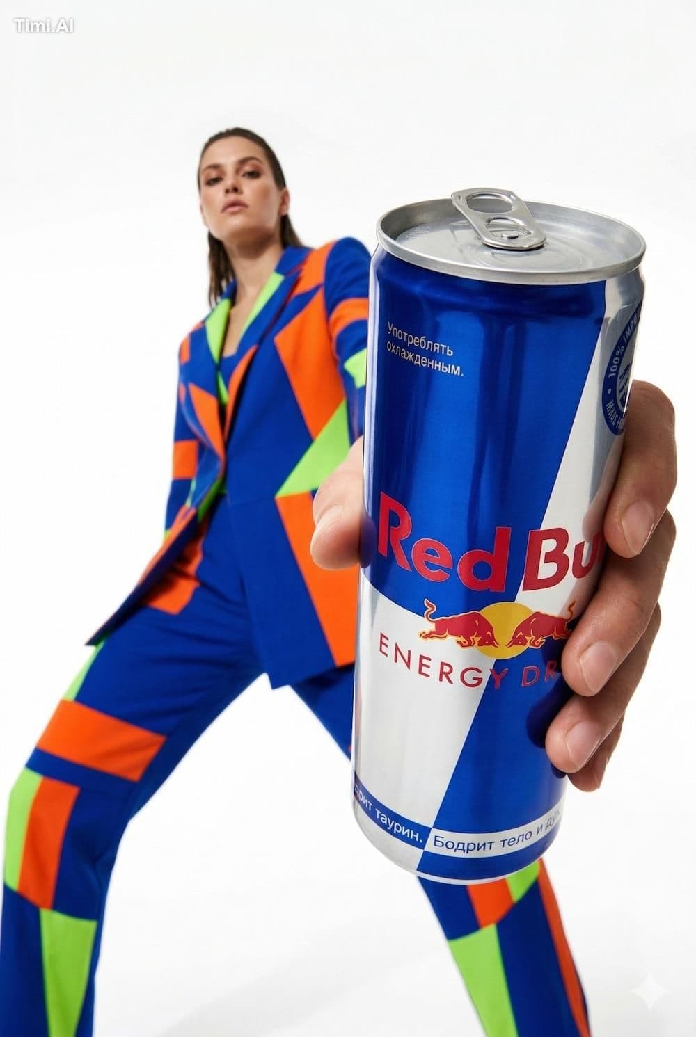 Low-angle fashion campaign photograph of a confident model h