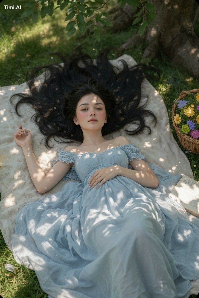 A young and beautiful lady with long flowy black hair lying