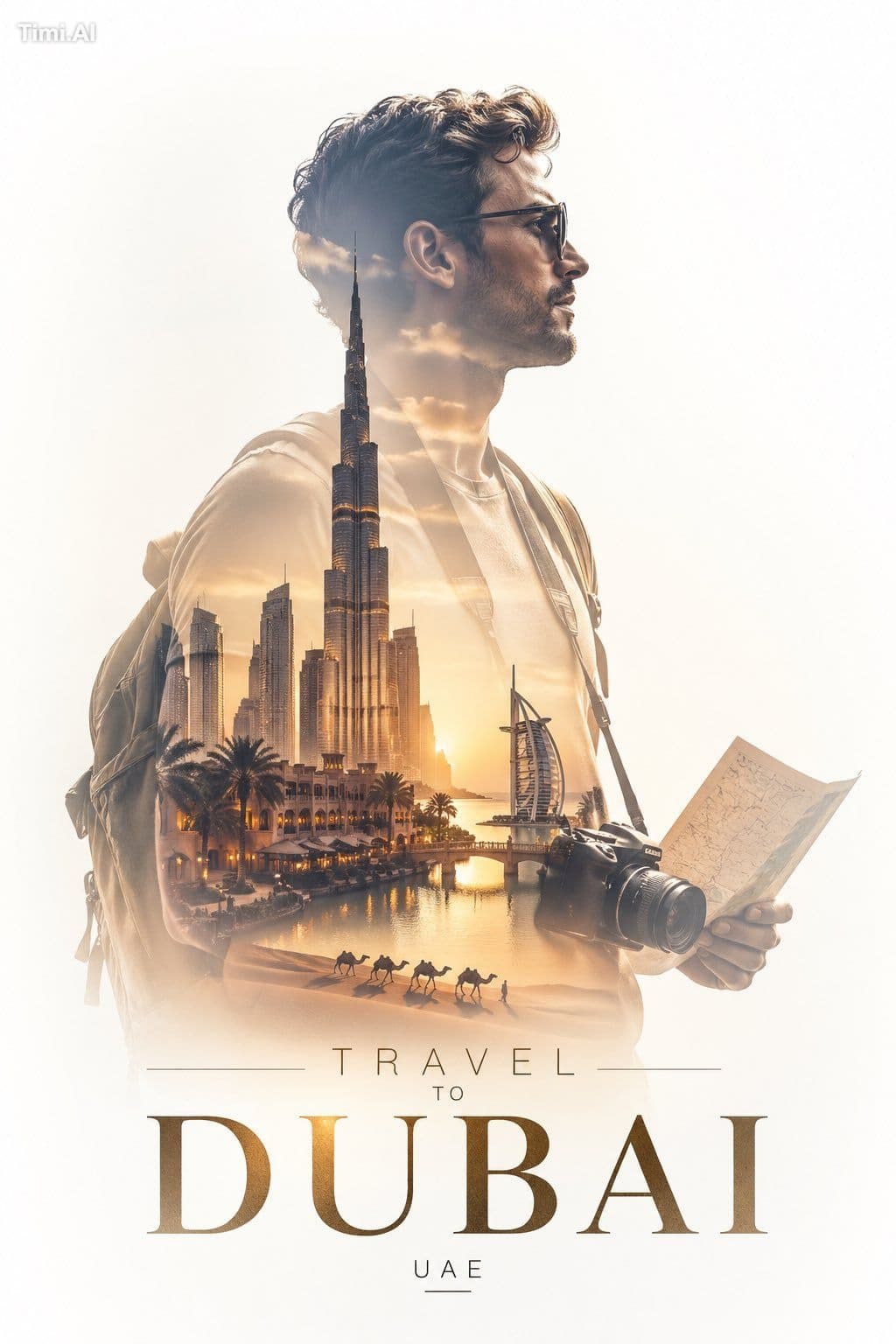 Create a minimalist double exposure travel poster for DUBAI.