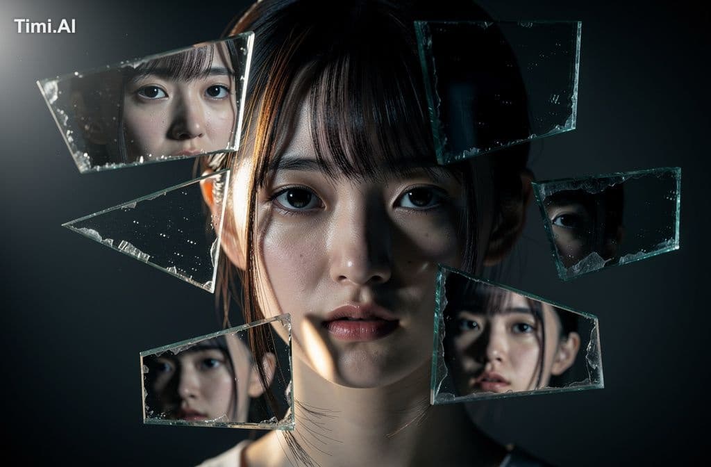 20代の若い日本人女性、断片化された鏡のような効果のポートレート、顔の周りに浮かぶ複数の反射破片、それぞれの破片がわずか