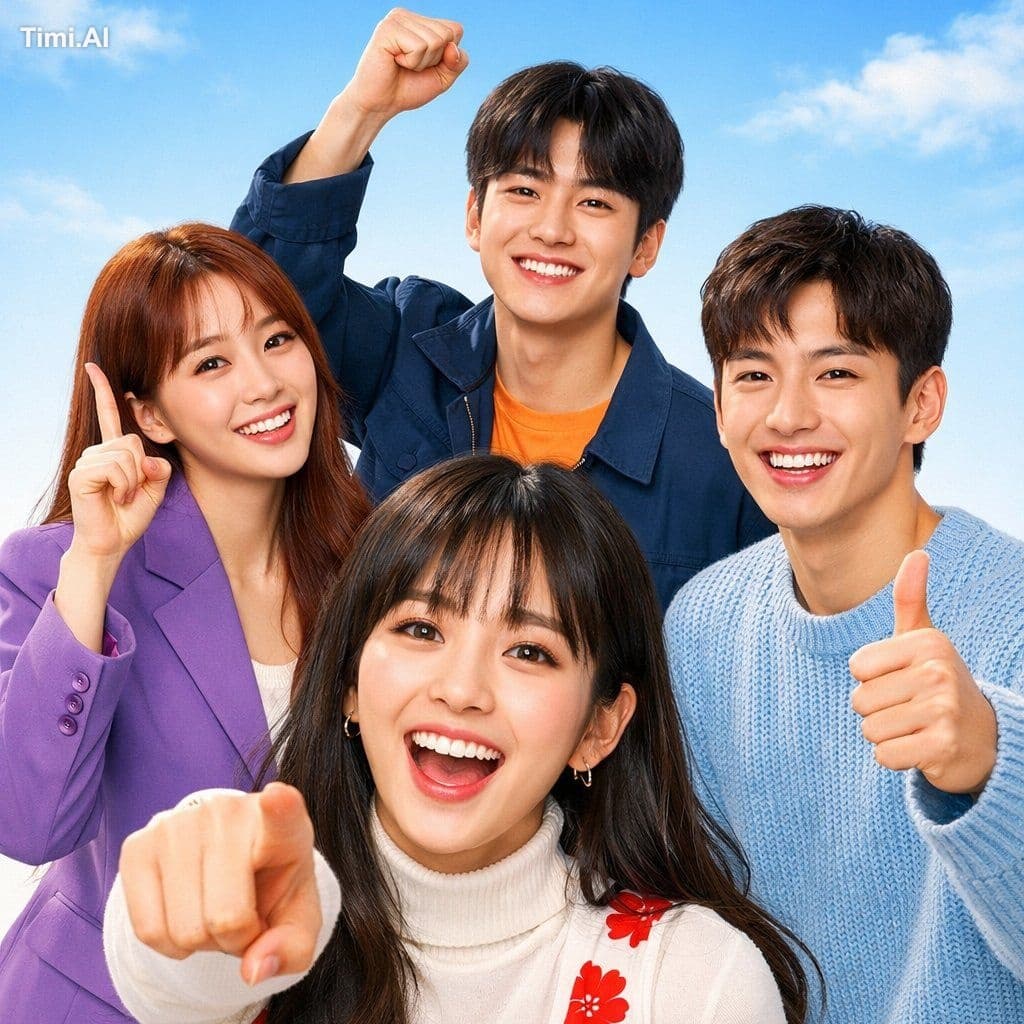 A vibrant, colorful K-drama promotional poster featuring fou