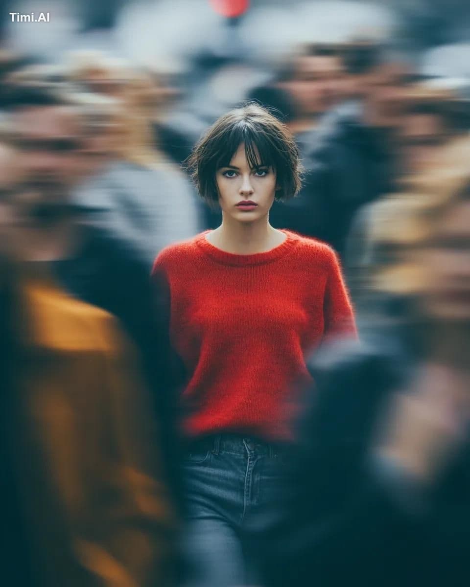 Photo of a woman standing alone on the street, surrounded by