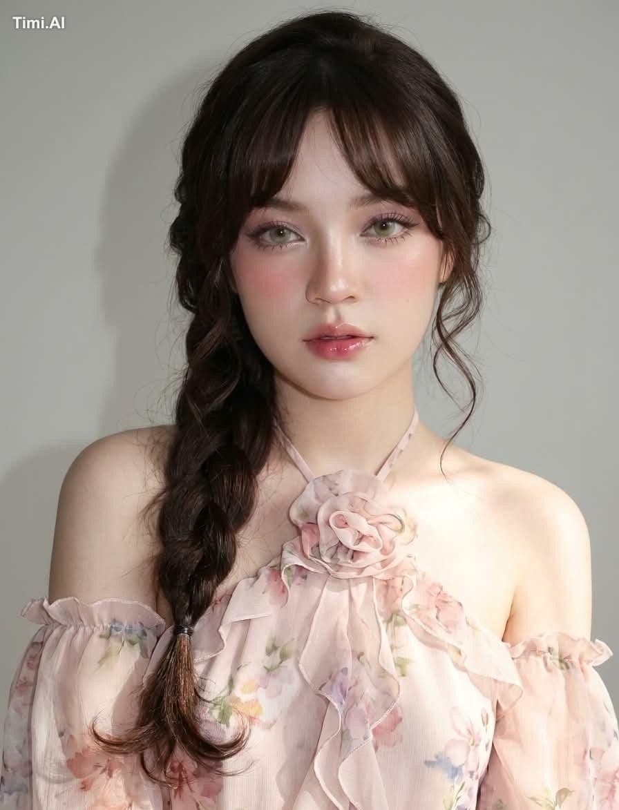 Ultra-realistic portrait of a young woman against a plain li