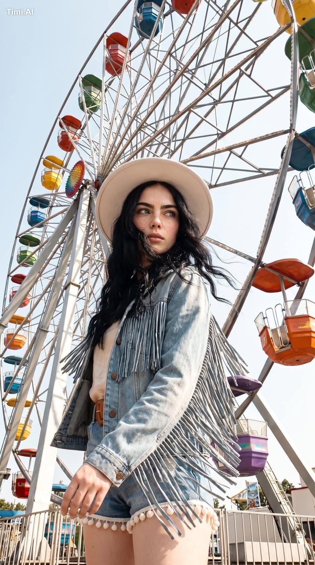 Shot from a low-angle perspective. The woman is wearing a bo