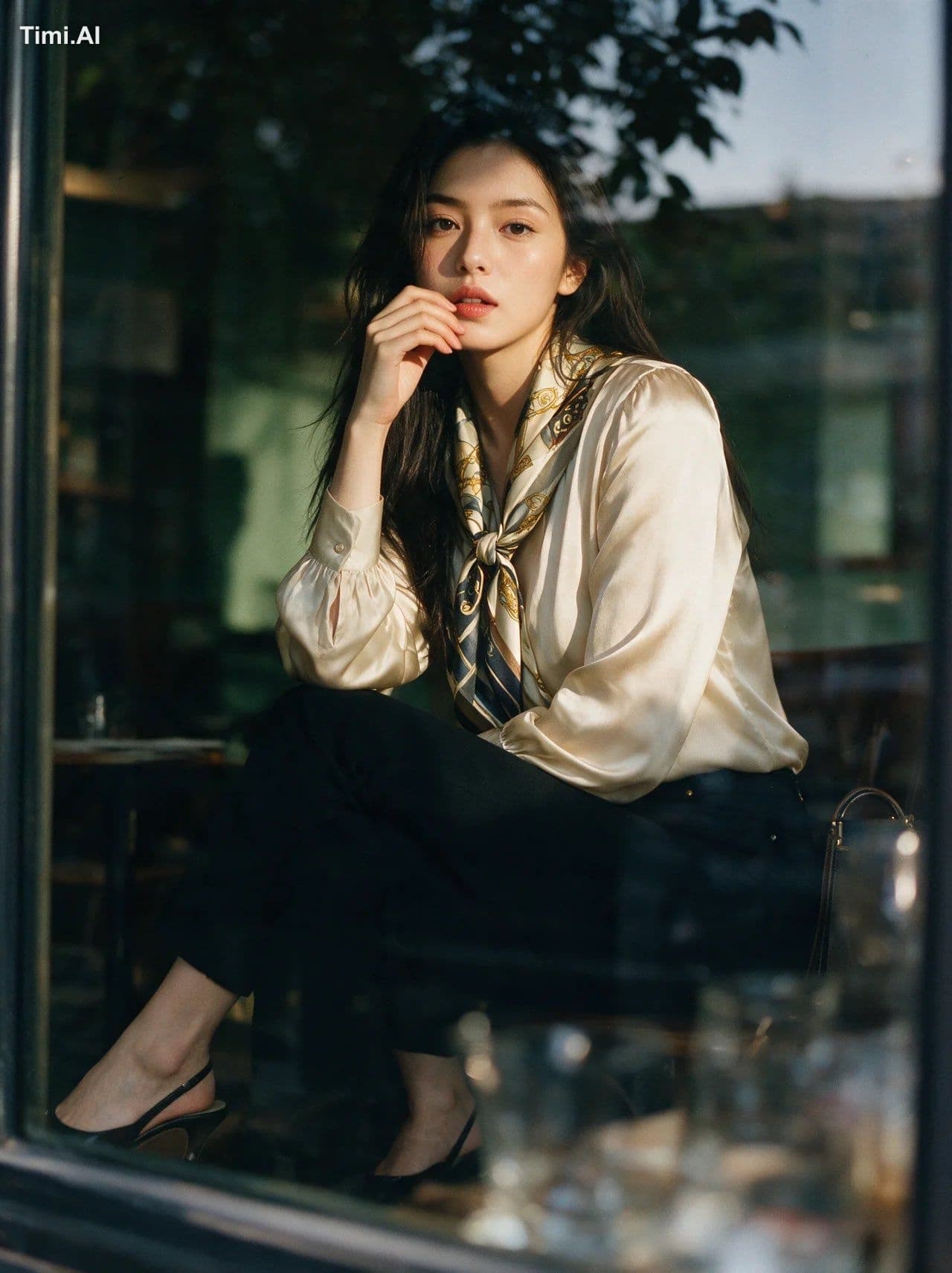 Composition: tight vertical portrait through a cafe window,