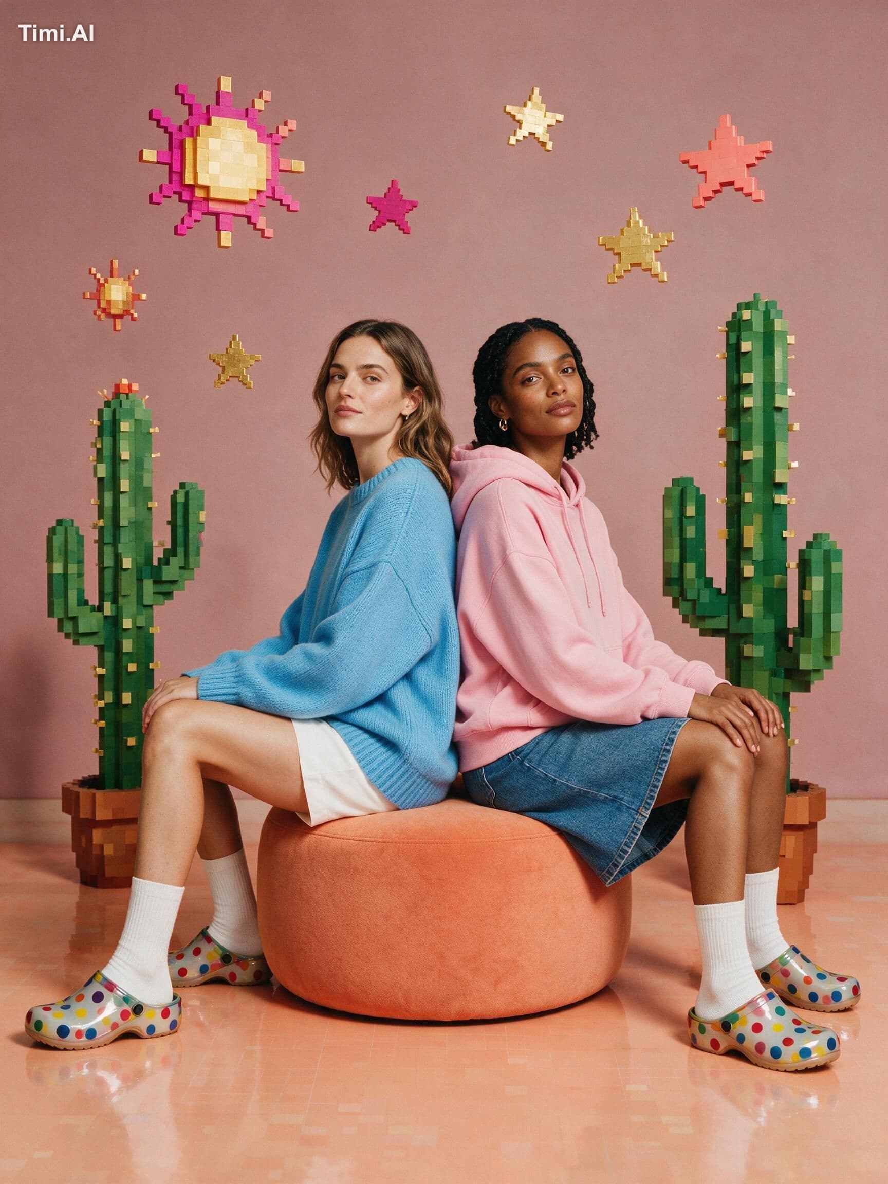 Two women sit back to back on a round tangerine ottoman, bot