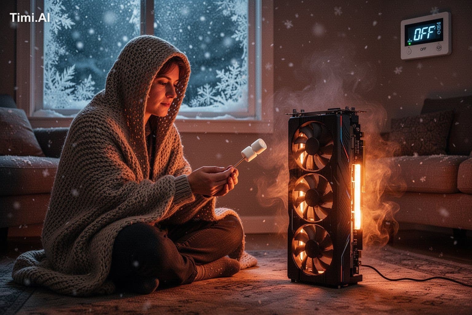 cozy dim living room in deep winter, snow falling outside a
