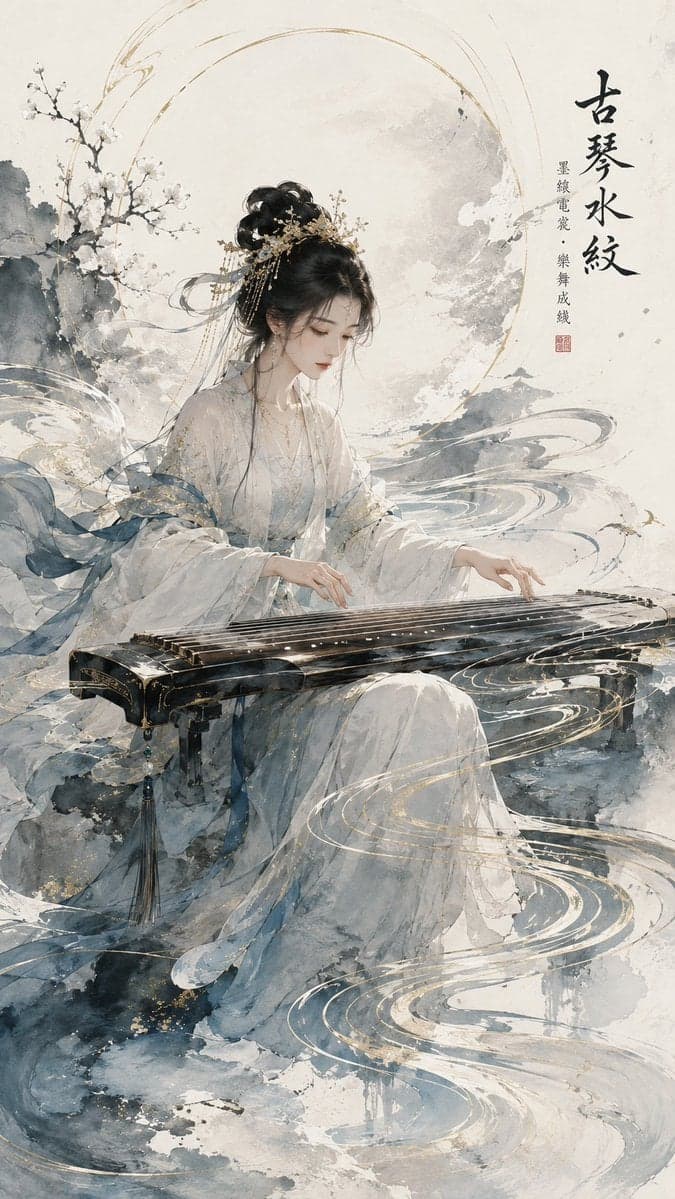 请生成一张 9:16 竖版、原创高级东方音乐视觉海报。
主题乐器:[古琴 / 琵琶 / 竹笛 / 箜篌 / 古筝 /