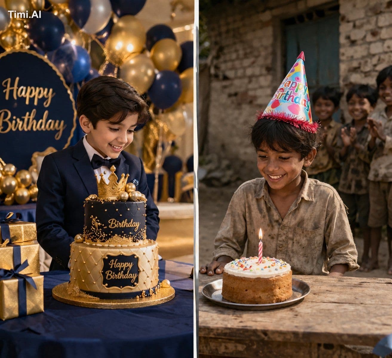 Create a vertical split-screen, ultra-realistic 8K image wit