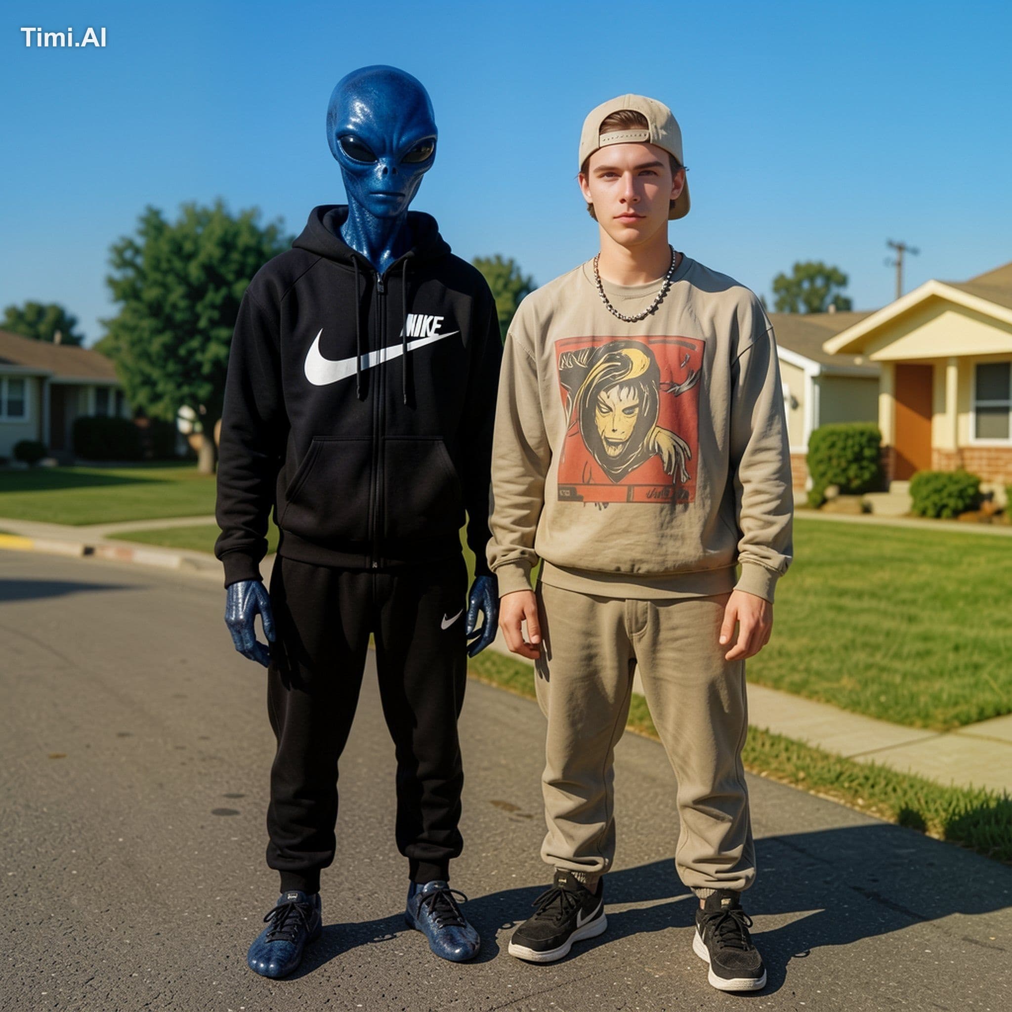 zoom out to full body view, a blue alien wearing a black nik