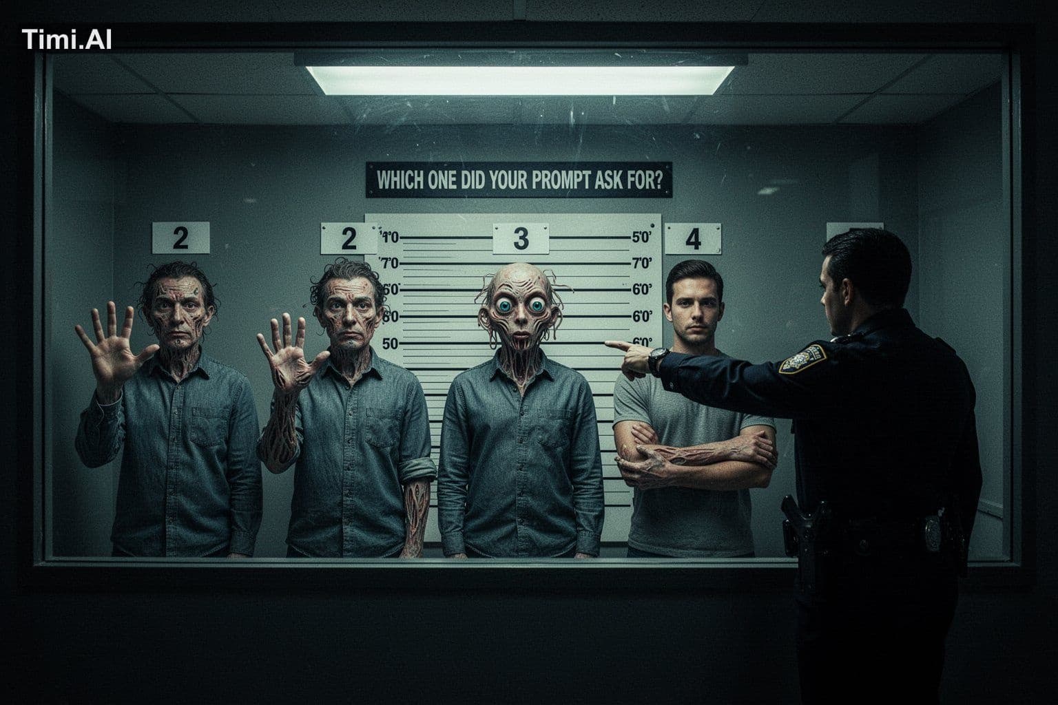 A police identity lineup room at night, cold fluorescent lig