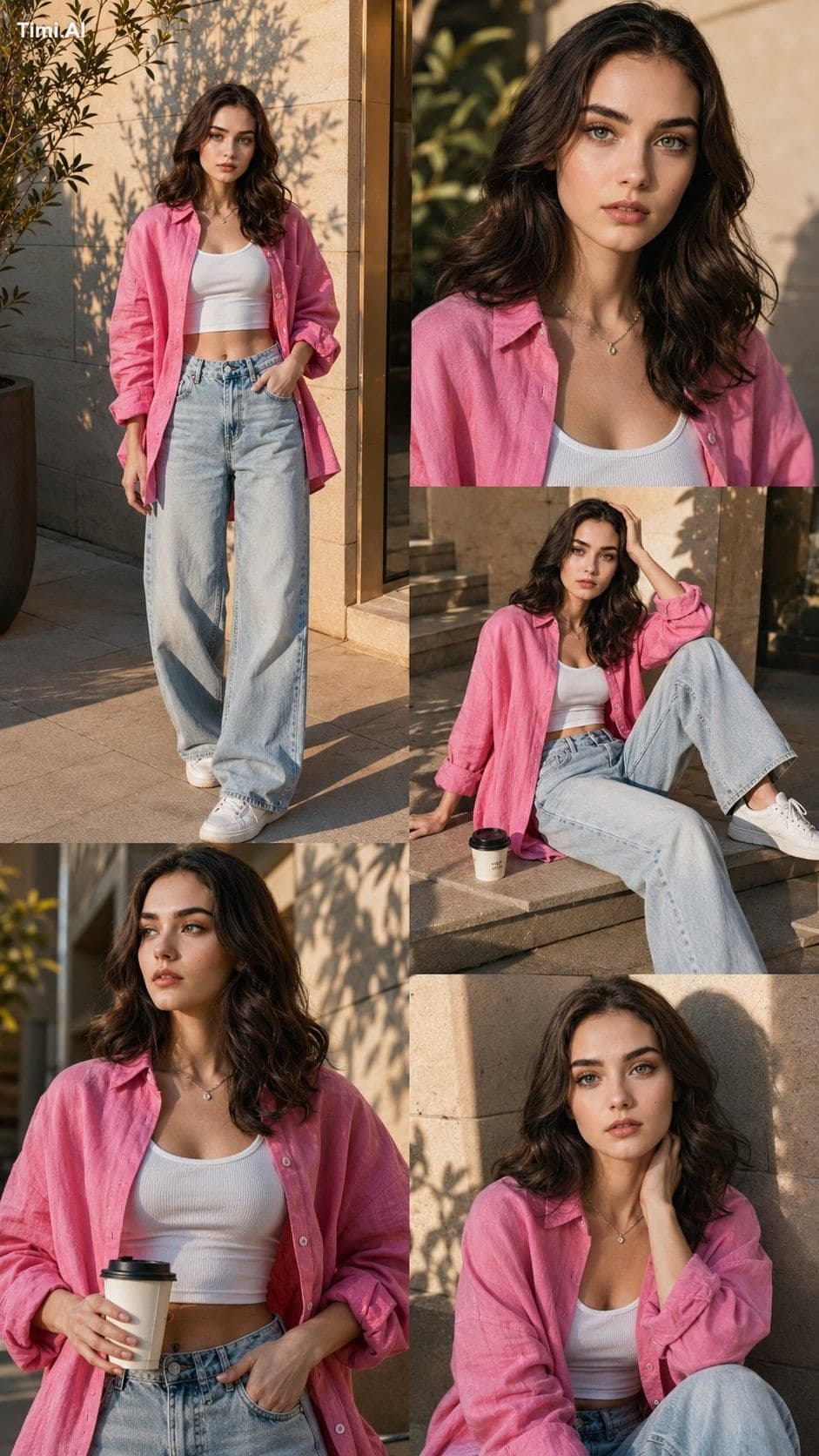 A stylish young woman posing outdoors in soft golden-hour su
