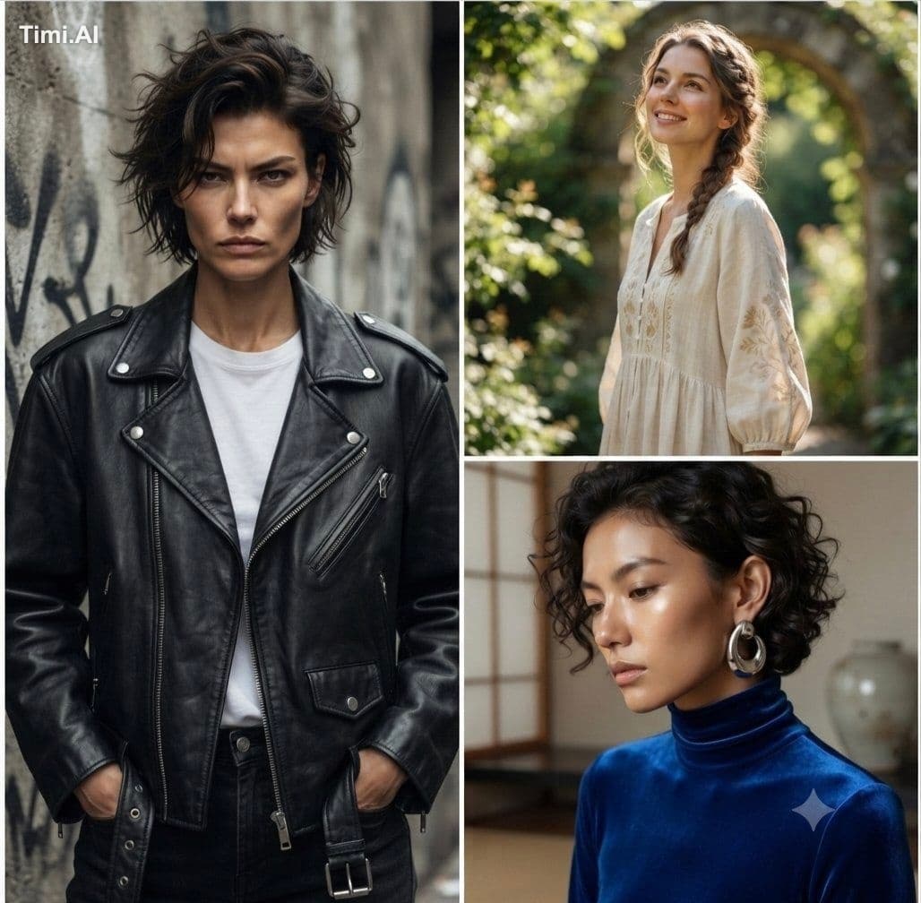This composition features a triptych of distinct portraits c