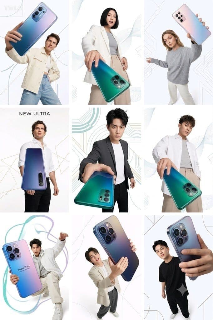 Create a realistic 3×3 tech-style promotional collage using