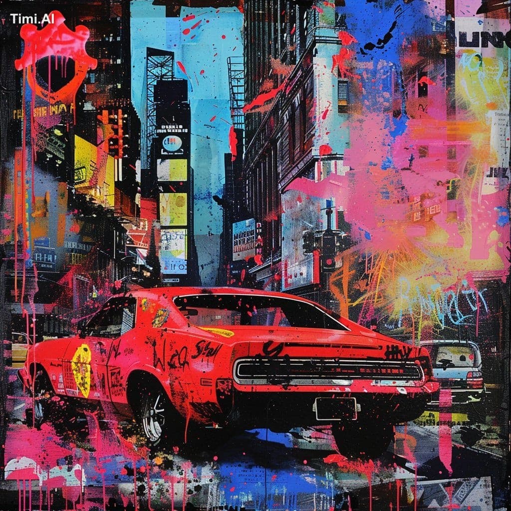 gritty urban cityscape with muscle cars racing through fragm