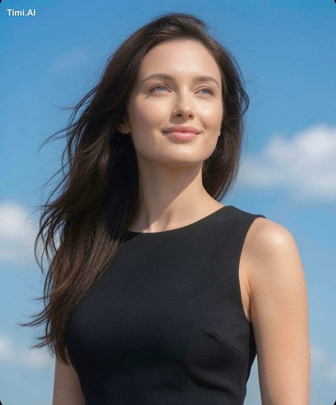A portrait of a beautiful woman with long, flowing dark hair