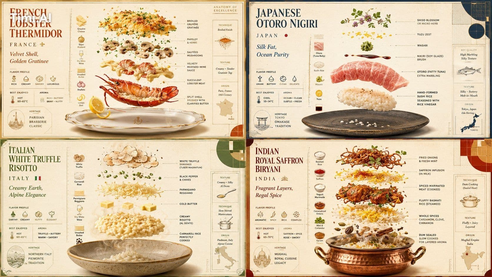 2x2 grid, 16:9, do this for 4 luxury international foods; cl