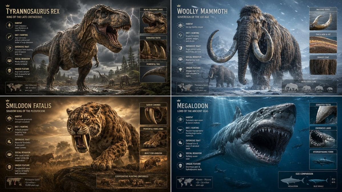 2x2 grid, 16:9, do this for majestic extinct animals input :