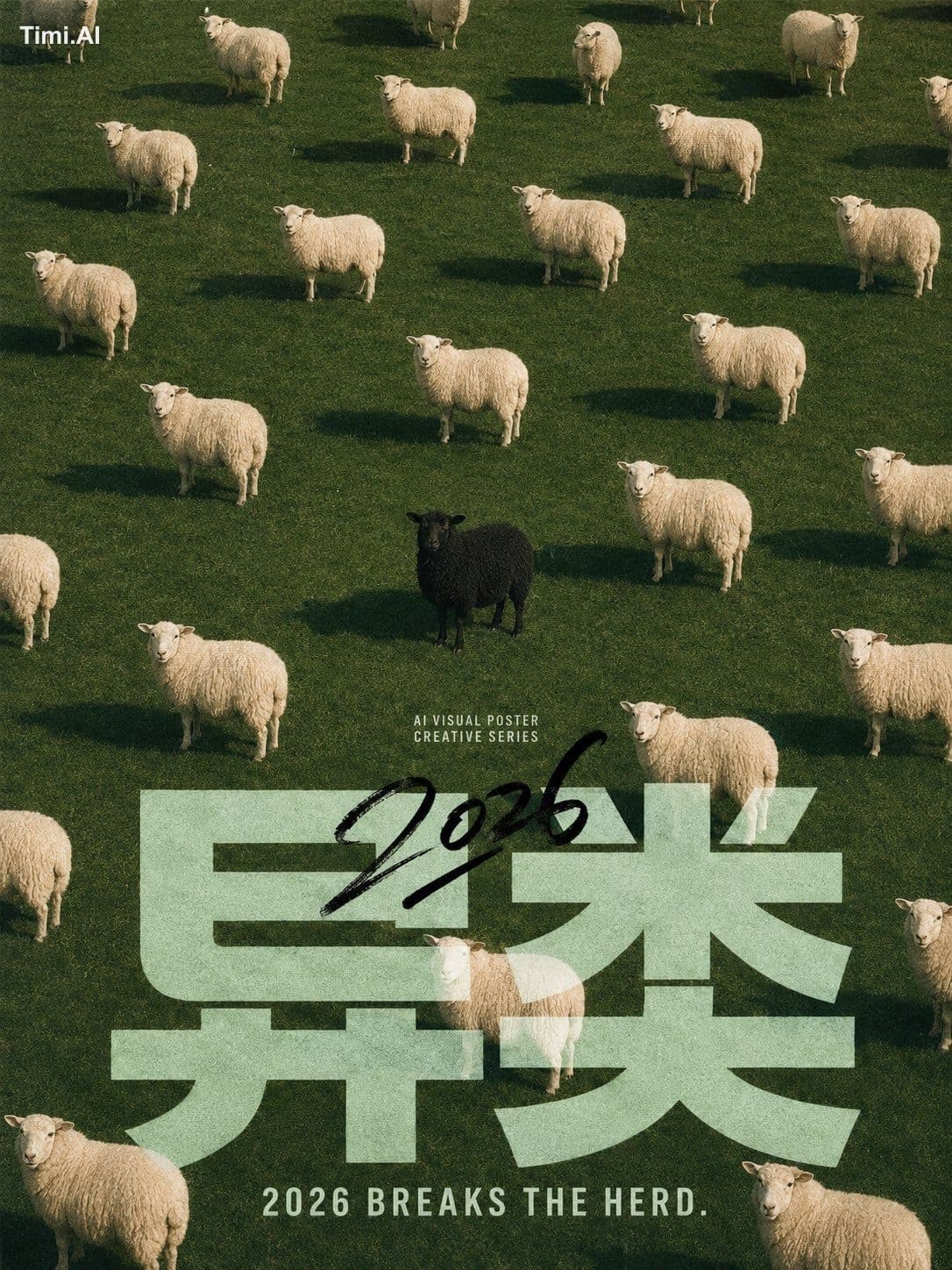 生成一张竖版 3:4 的成品概念海报。
画面采用高角度俯视构图,主体是大量重复出现的【群体对象】,它们以整齐、有秩序、