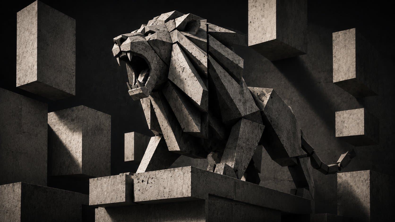 geometric concrete sculpture of a roaring lion, brutalist ar