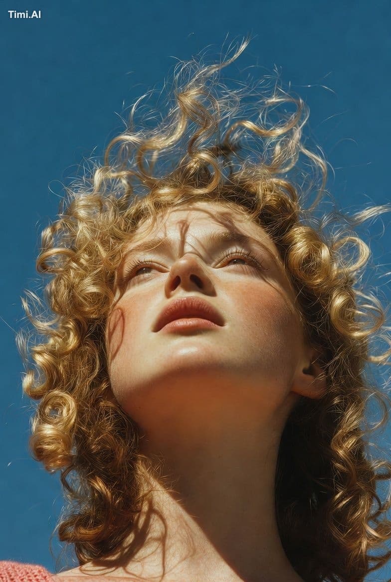 A close-up, low-angle (worm's-eye view) fashion-editorial po