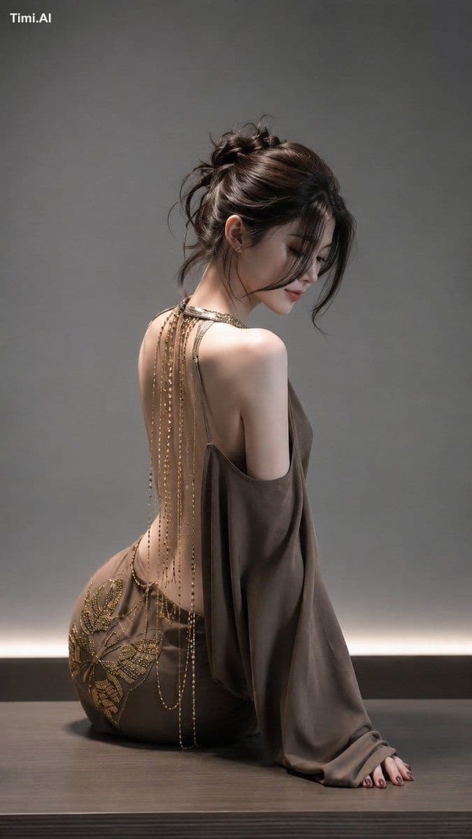 写实竖幅豪华时尚写真人像,沉郁极简棚拍场景。成年东亚女性,21岁以上,坐于深色木质平台上,身体背向镜头,头部轻柔从肩膀回