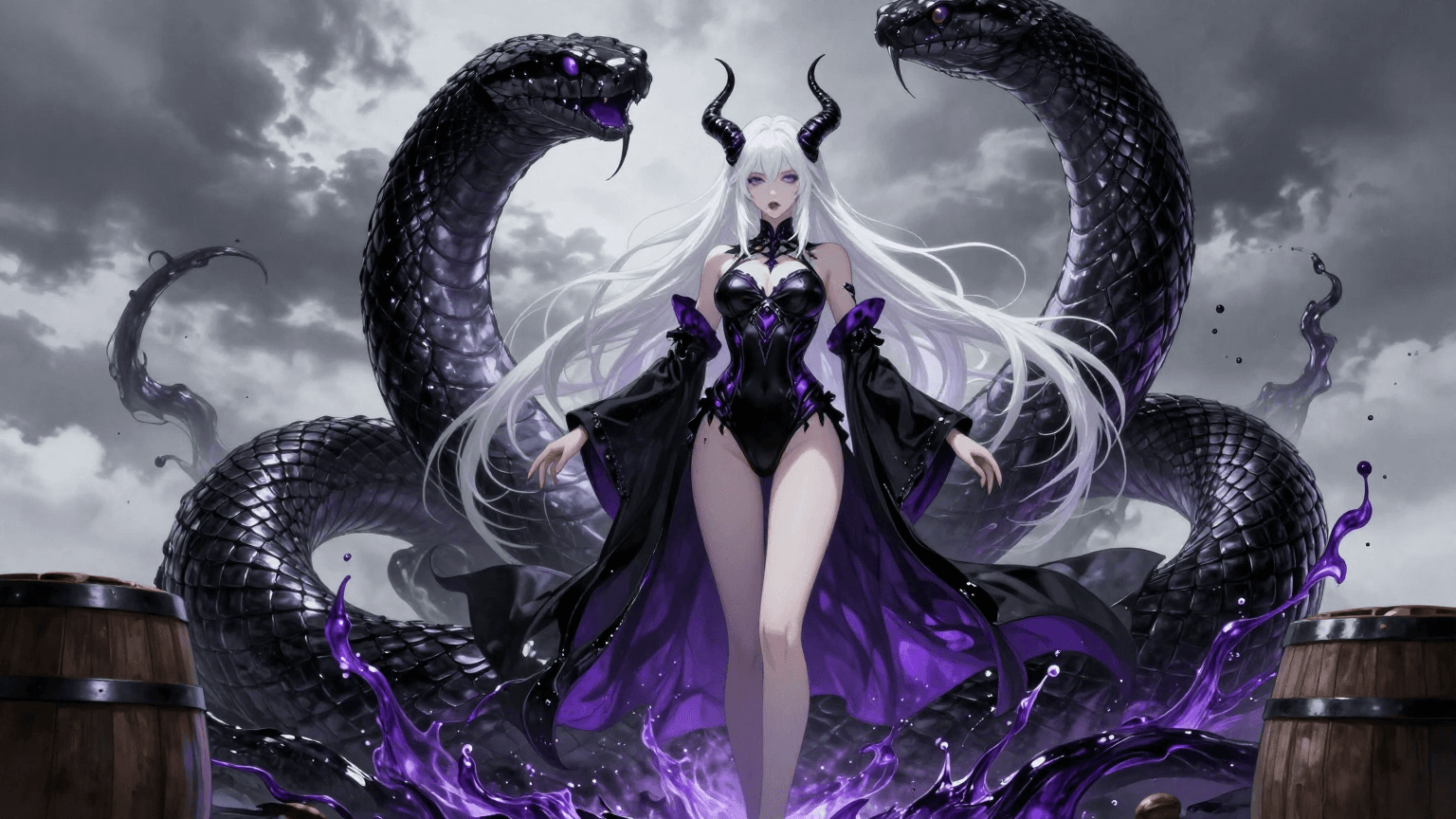 A pale, ethereal succubus with long white hair and sharp hor