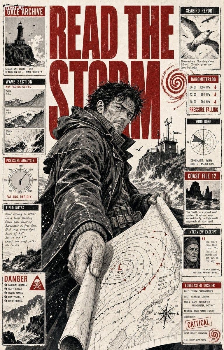创建一张 9:16 的深红墨线漫画角色档案海报。
主角是一位年轻的月球维修员,短金发,穿灰色连体工装,右手高举一顶破损